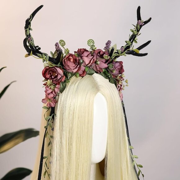 Flower Reindeer Headband for Women Woodland Fairy Cosplay Antler Hairpiece